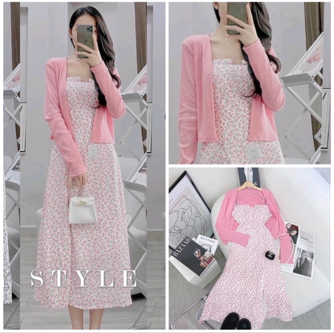 Set đầm 2 dây midi kèm áo khoác hồng dễ thương - Rossy Fashion