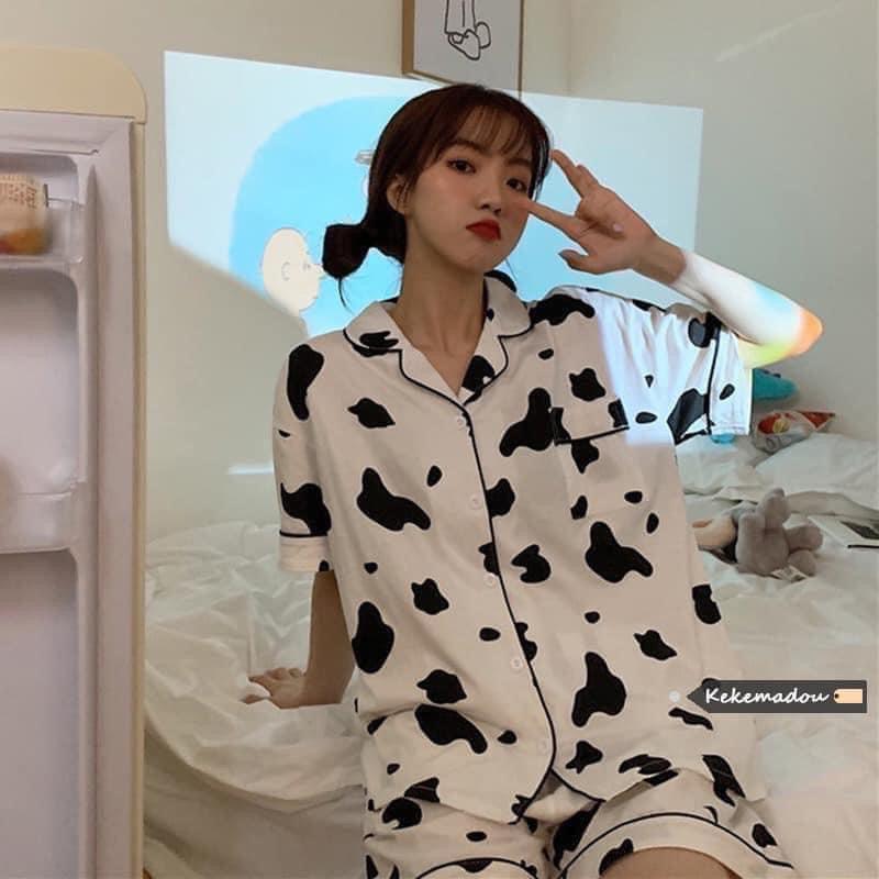 Bộ ngủ Pyjama in hình bò sữa&lt;FREE SIZE&gt; Bộ ngủ nữ siêu xinh,Bộ ngủ hoạt hình(kèm video ảnh thật)