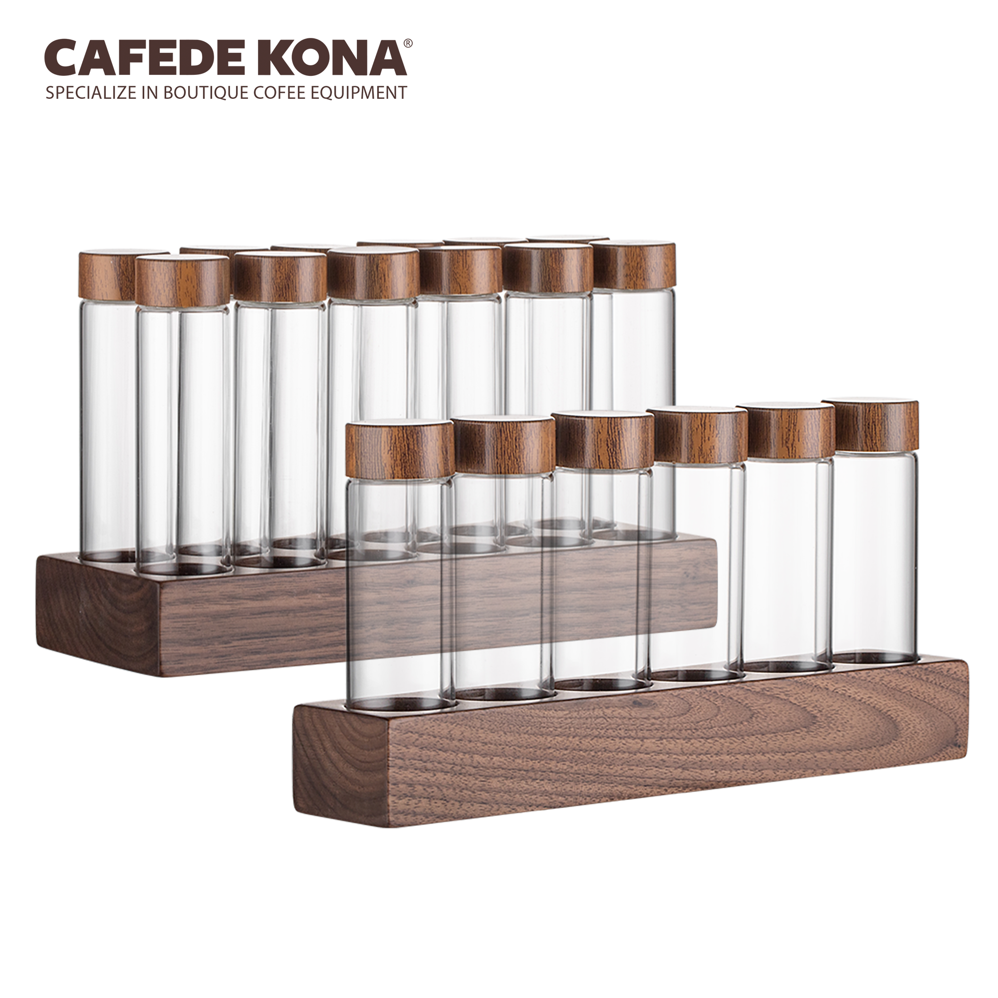 Bộ ống thủy tinh khung gỗ óc chó đựng cà phê CAFEDE KONA