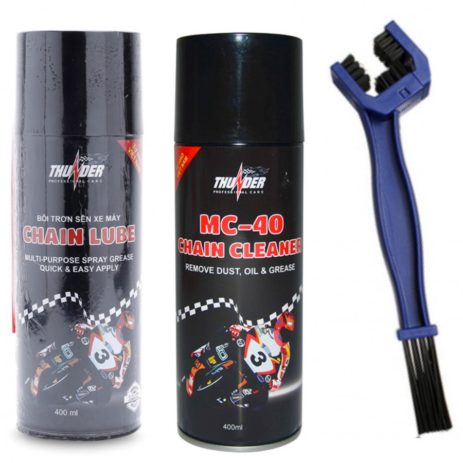 Bộ Combo Dưỡng sên Thunder Chain Lube 400ml, Vệ sinh sên MC-40 400ml tặng bàn chải chà sên 3D