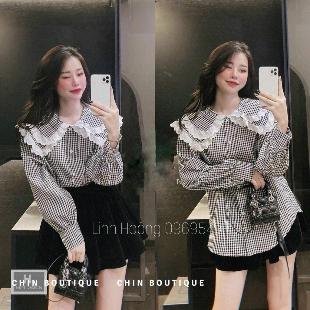 Áo sơ mi nữ kẻ đen trắng cổ tầng viền ren - Áo babydoll siêu trẻ trung hack tuổi mẫu hót nhất 2022
