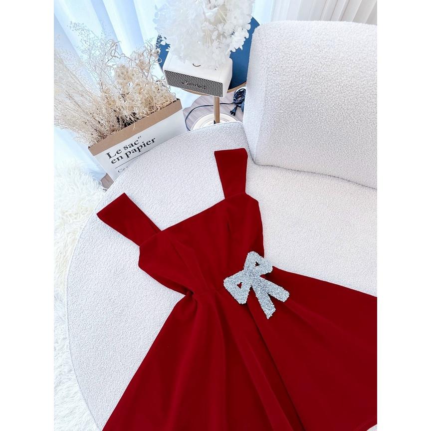 Đầm 2 dây đỏ ngắn xòe tay tiên đính đá nơ eo 2m dự tiệc cưới chơi noel chúc Tết