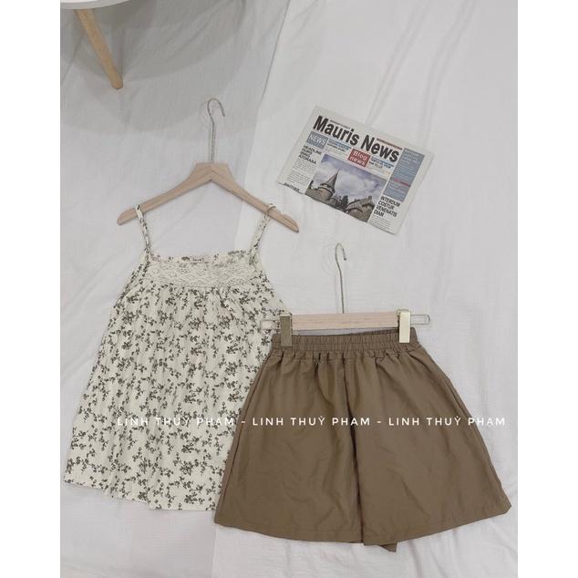 Set 2 Dây Ren Hoa Nhí Hồng LINHLA Nữ  Bộ quần đùi đũi áo babydoll thun vintage bánh bèo mặc ở nhà đi ngủ Ulzzang