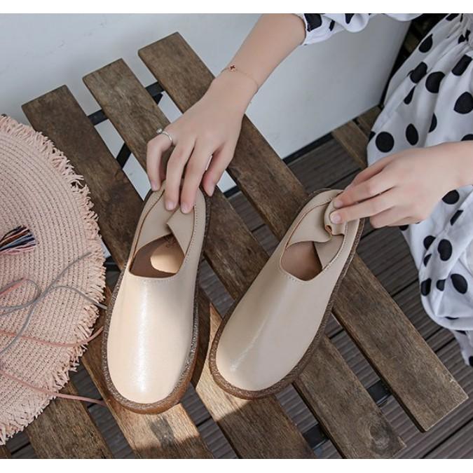 Phiên bản Hàn Quốc của đầu tròn của phụ nữ Giày phẳng Tendon Giày đế bằng da nhỏ Nhật Bản Giày lười nhỏ tươi