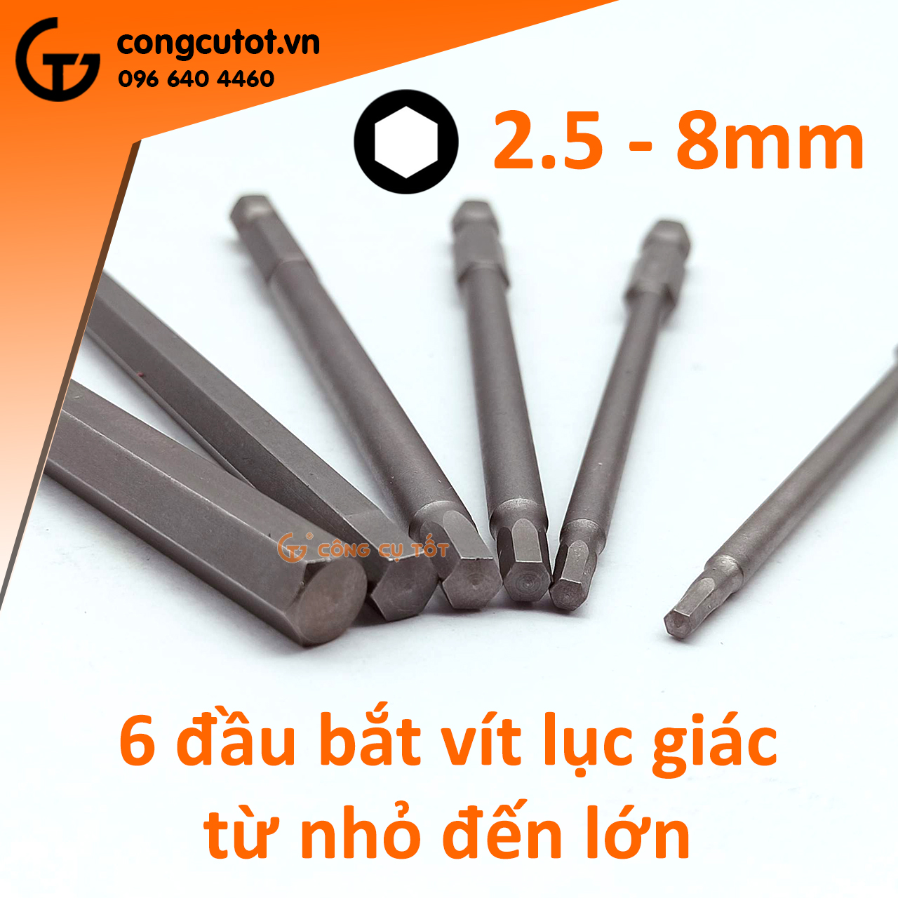 Vỉ 6 đầu bắt vít lục giác chuôi lục thép S2 2.5 - 8.0mm dài 100mm