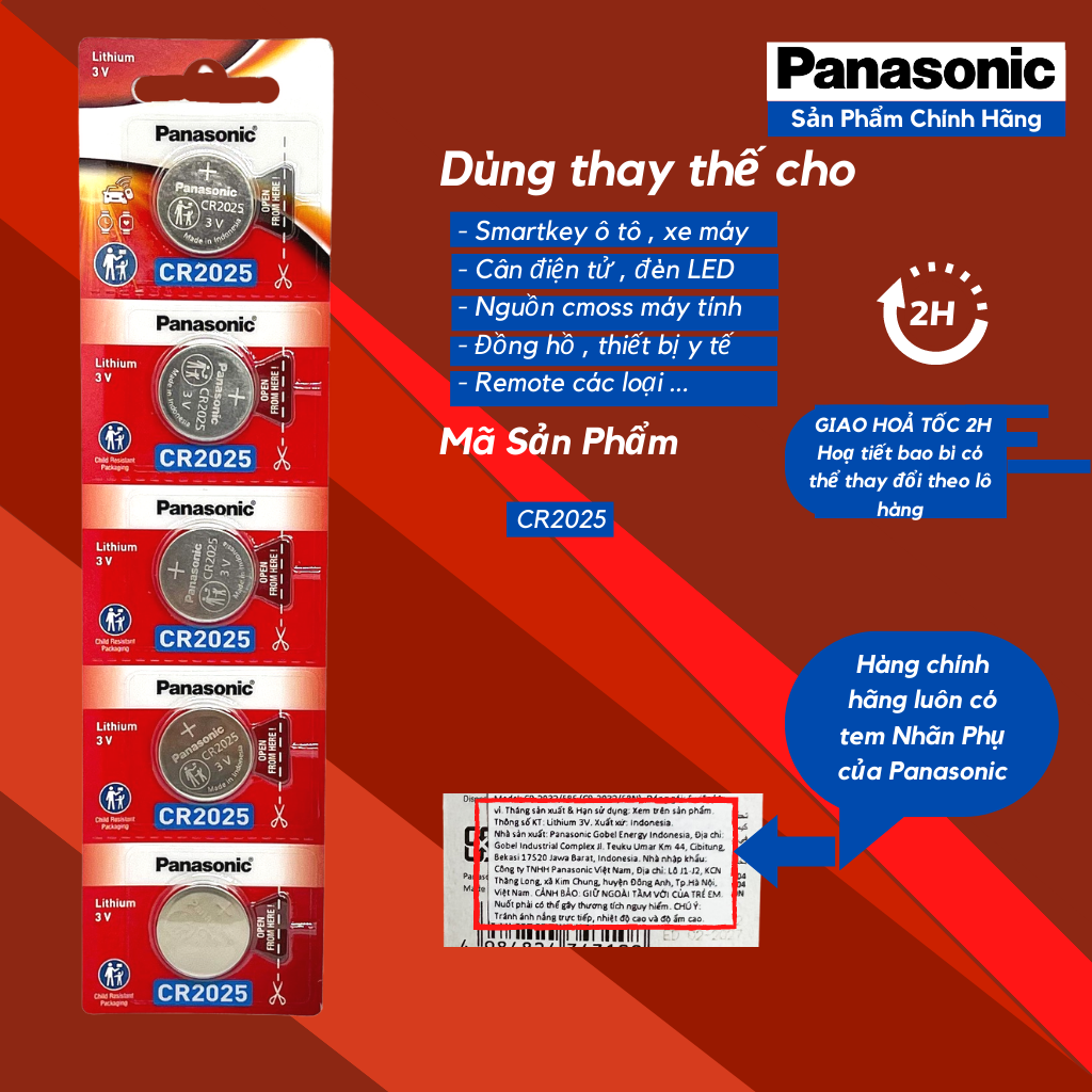 Vỉ 5 Viên Pin CR2025 Panasonic Lithium 3V - Hàng Chính Hãng