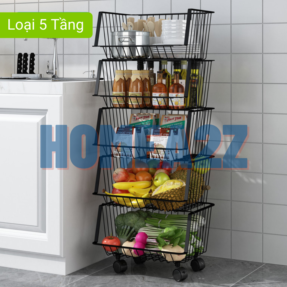 Kệ Nhà Bếp Đa Năng Dạng Rổ 4/5 Tầng Thép Carbon Sơn Tĩnh Điện, Kệ Rổ Xoay 360 Tiện Lợi Chống Gỉ Sét Cao Cấp