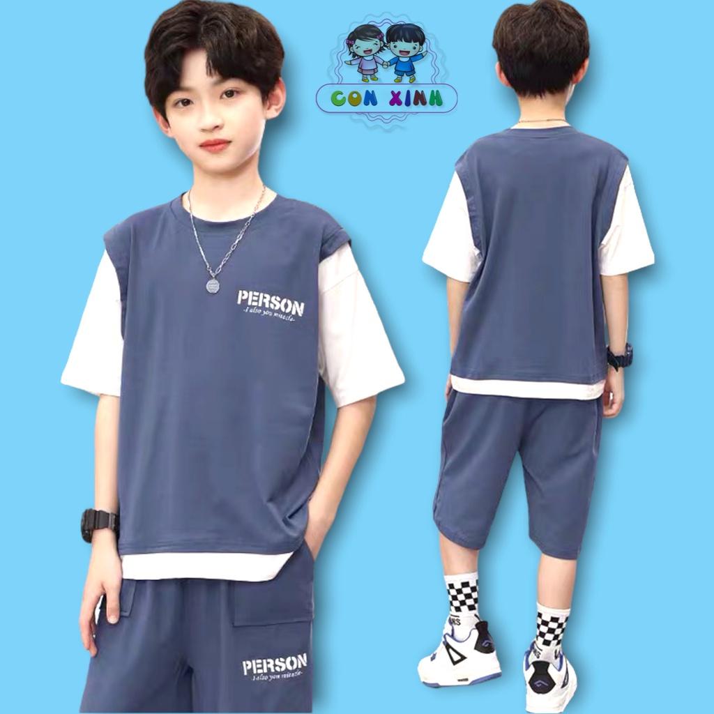 Đồ bộ bé trai Con Xinh cotton tay trắng phối kiểu PERSON, thời trang dành cho bé trai từ 4 đến 10 tuổi