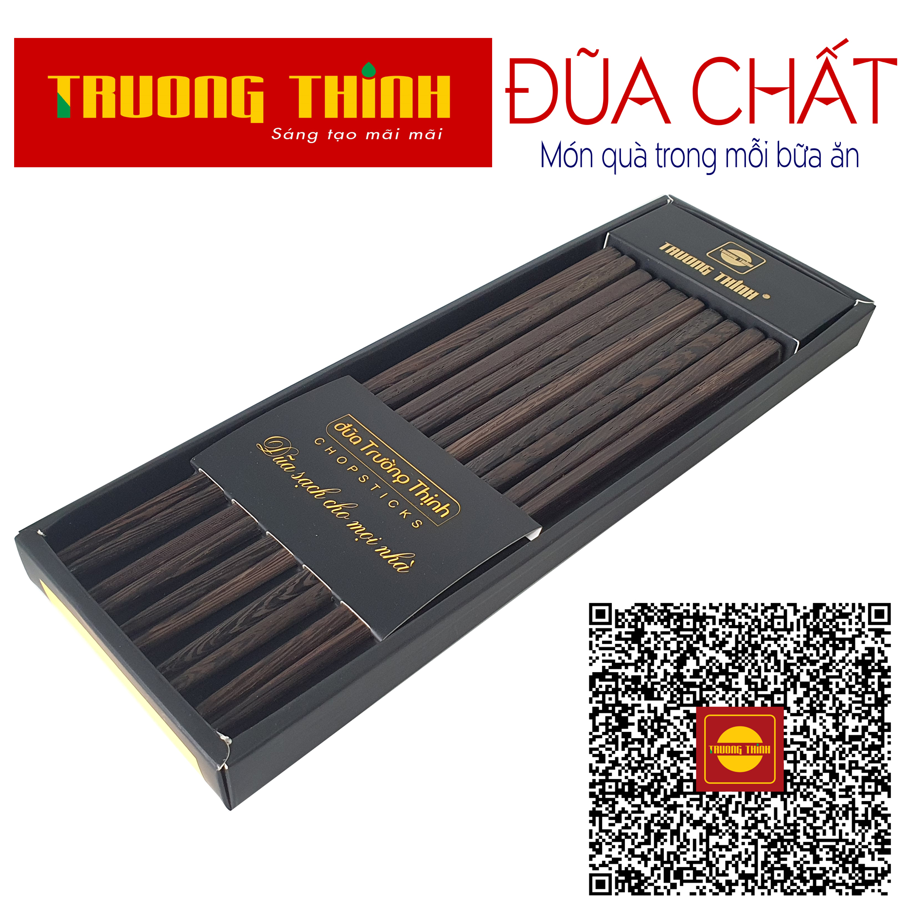 Đũa Gỗ Mun Hoa Đen Cao Cao Cấp Trường Thịnh Loại Đặc Biệt/ Hộp Màu Đen/ 10 Đôi Vuông Trơn