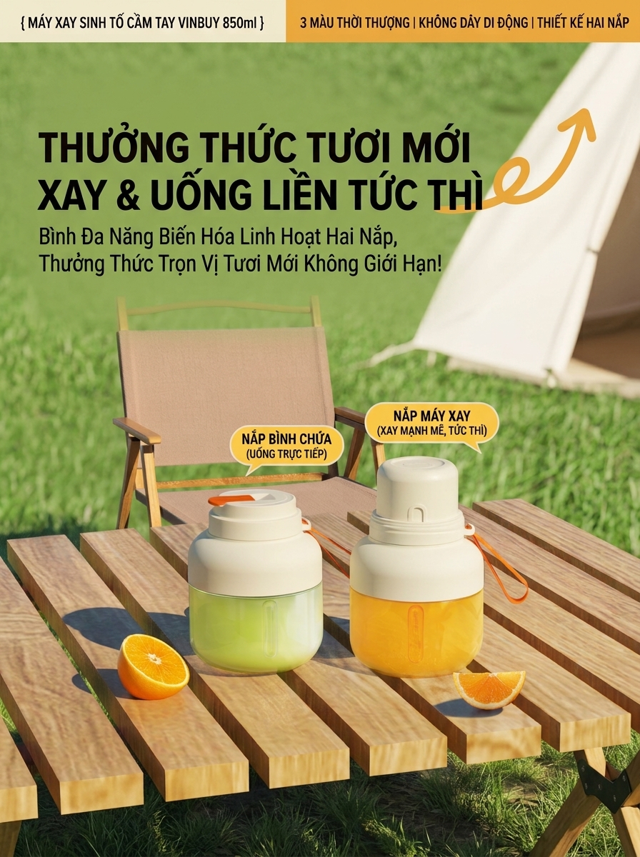 Máy Xay Sinh Tố Cầm Tay VinBuy 850ml - 12 Lưỡi Dao Inox 304, Xay Khỏe, Pin Siêu Lâu, Sạc Type-C, Bảo Hành 12 tháng Hàng chính hãng
