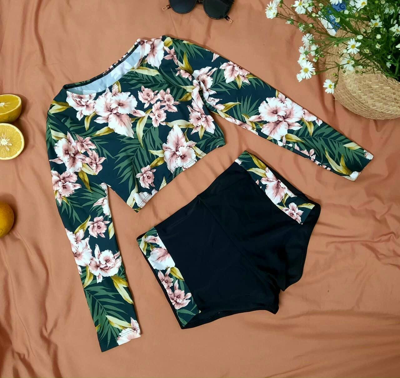 Đồ bơi nữ Bikini nữ 2 mảnh họa tiết dài tay đan lưng quần đùi kín đáo bộ bơi hoa đi biển QP009