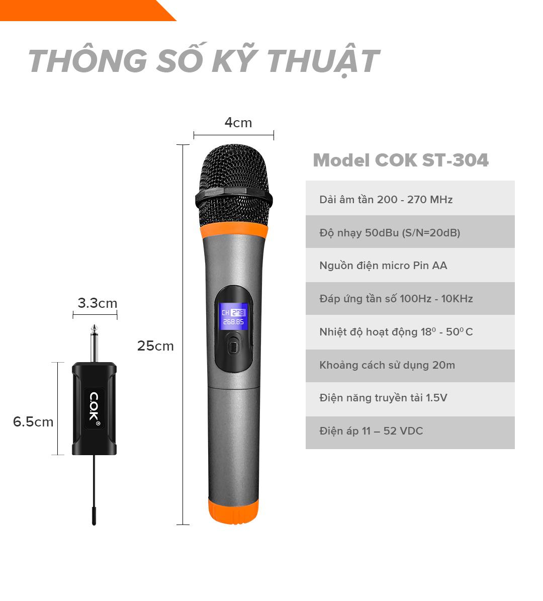 Micro Không Dây Cao Cấp C.O.K ST-304 Dành Cho Loa Kéo, Dàn âm Ly Jack 6.5 Hàng chính hãng 100%