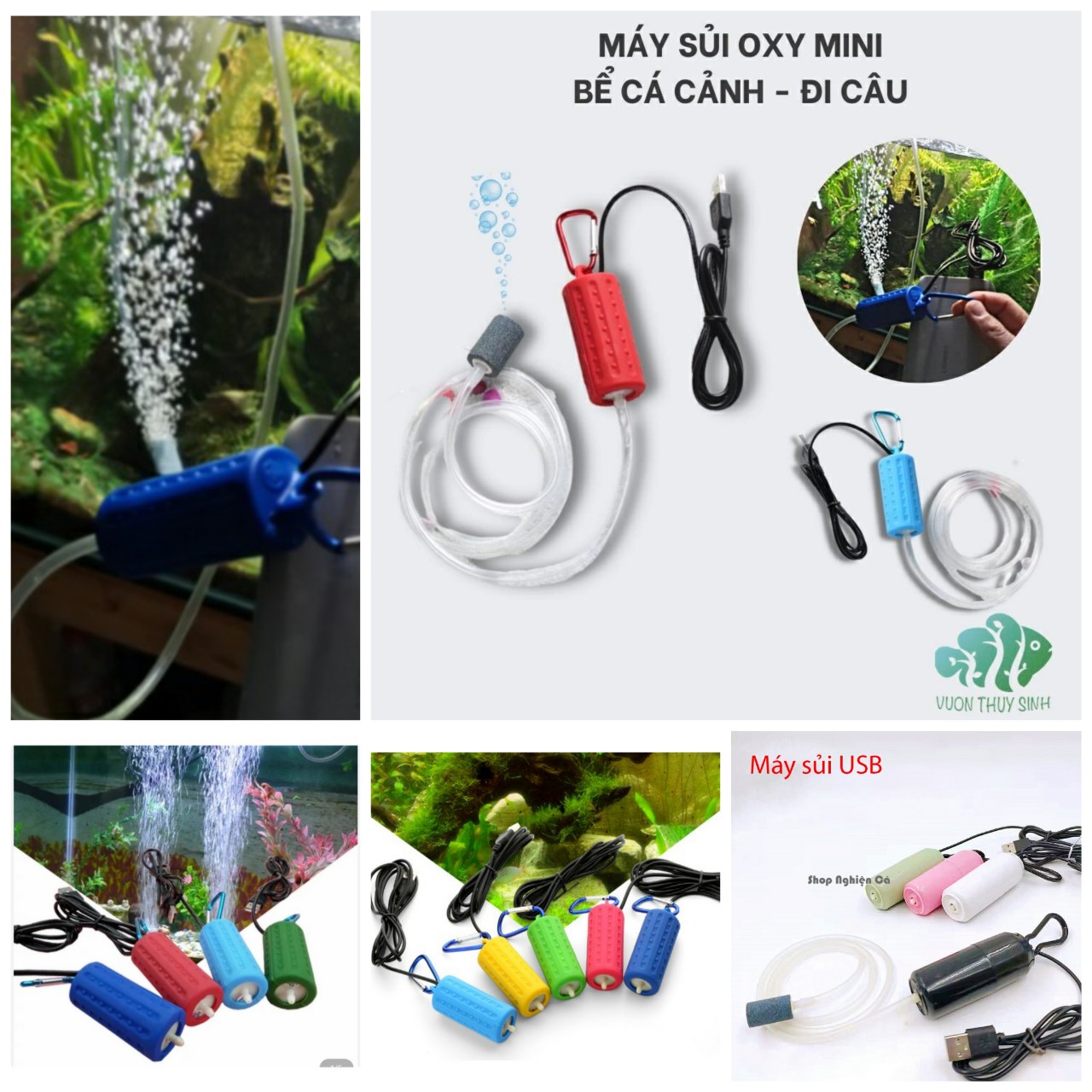 Máy sủi oxy mini siêu êm máy sục oxi bể cá cảnh bơm khí khi đi câu hồ cá, kết nối USB loại tốt khí mạnh