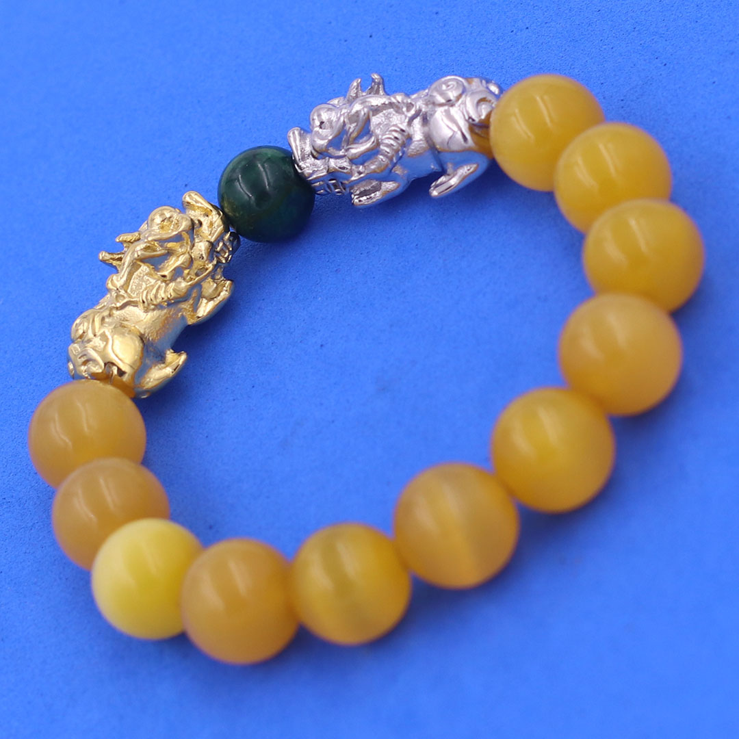 Vòng chuỗi đeo tay đá mắt mèo vàng 12 ly charm tỳ hưu đôi inox trắng và vàng, vòng chuỗi phong thủy, charm tỳ hưu, vòng tay hạt chuỗi