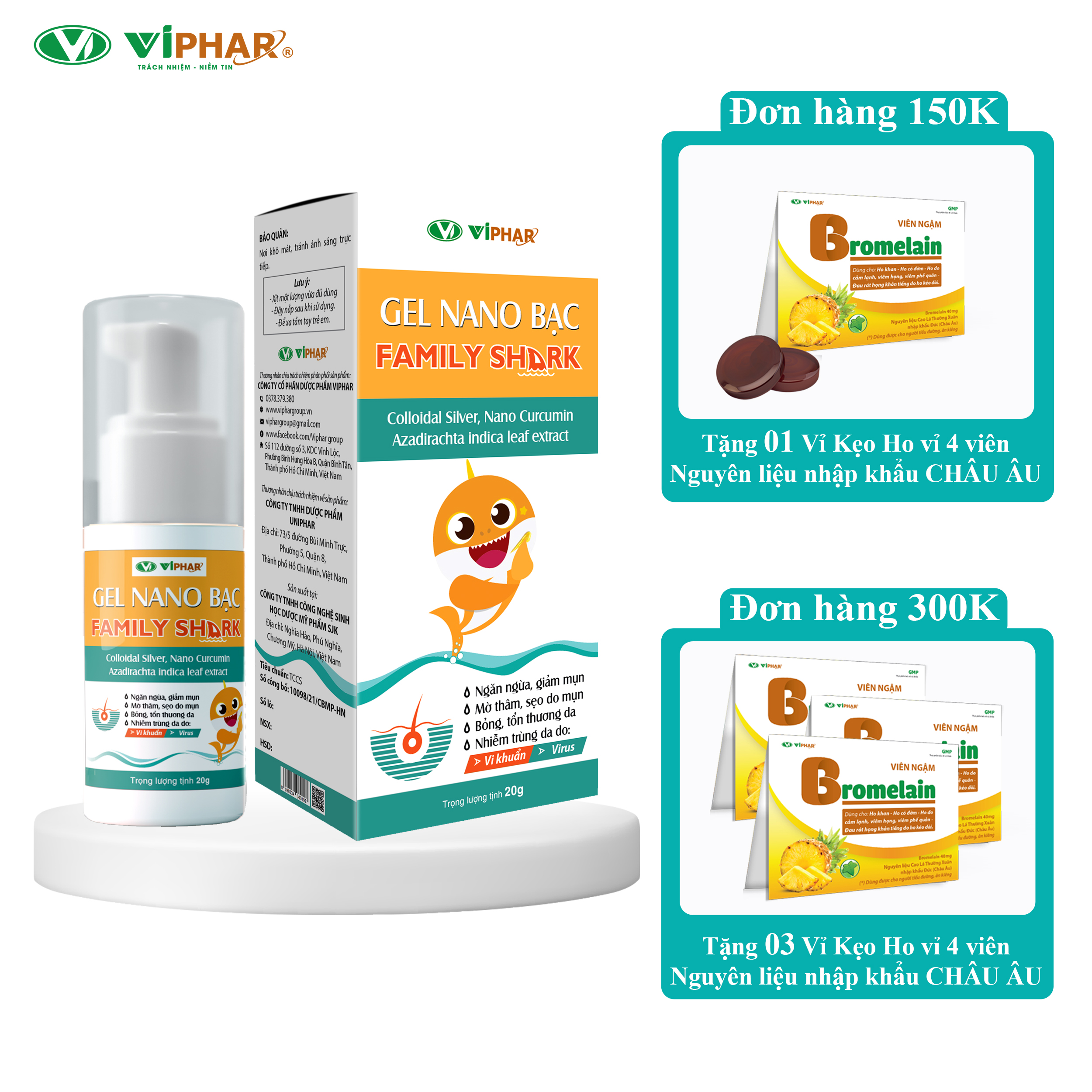 Gel Bôi Da Ngăn Ngừa Mụn, Giảm Thâm Sẹo Do Mụn, Gel Nano Bạc Family Shark VIPHAR, Chai 20g