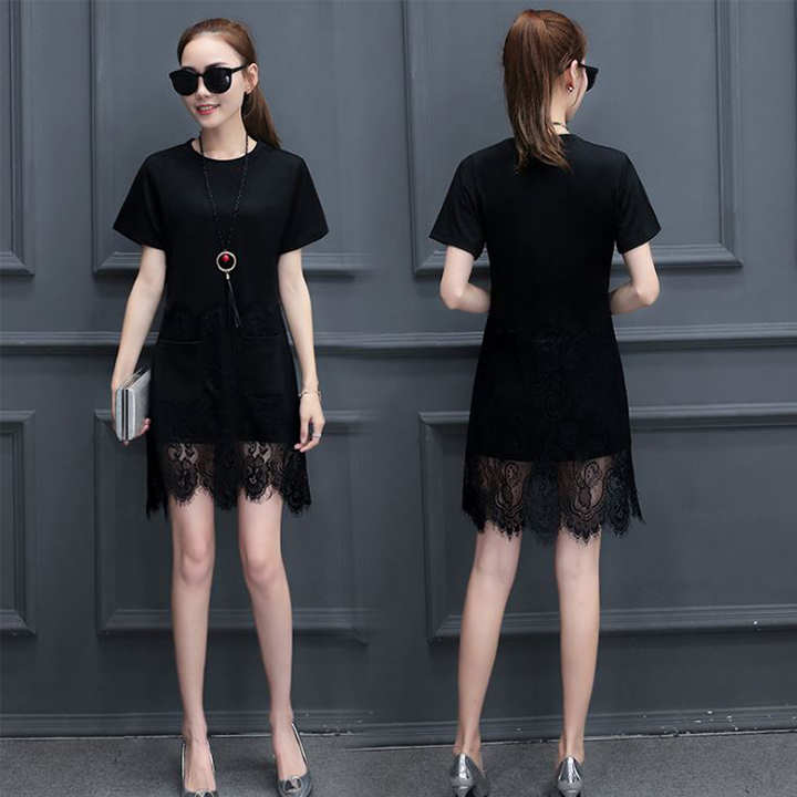 Váy Nữ Xuông Phối Ren Dáng Chữ A, 100% Cotton Phối Ren, 4 Màu Lựa Chọn, Thời Trang Công Sở Dạo Phố