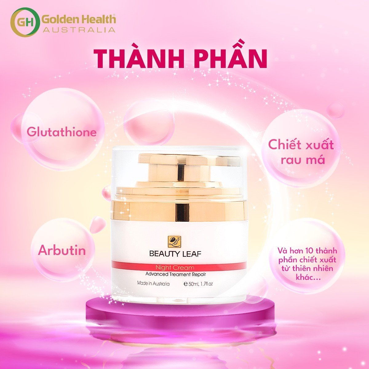 [GOLDEN HEALTH] Kem Dưỡng Trắng Da, Mờ Thâm, Nám, Tàn Nhang, Giúp Tái Tạo Da, Thúc Đẩy Quá Trình Tổng Hợp Collagen, Tăng Cường Phục Hồi Da Ban Đêm Beauty Leaf Whitening Complex 50ml