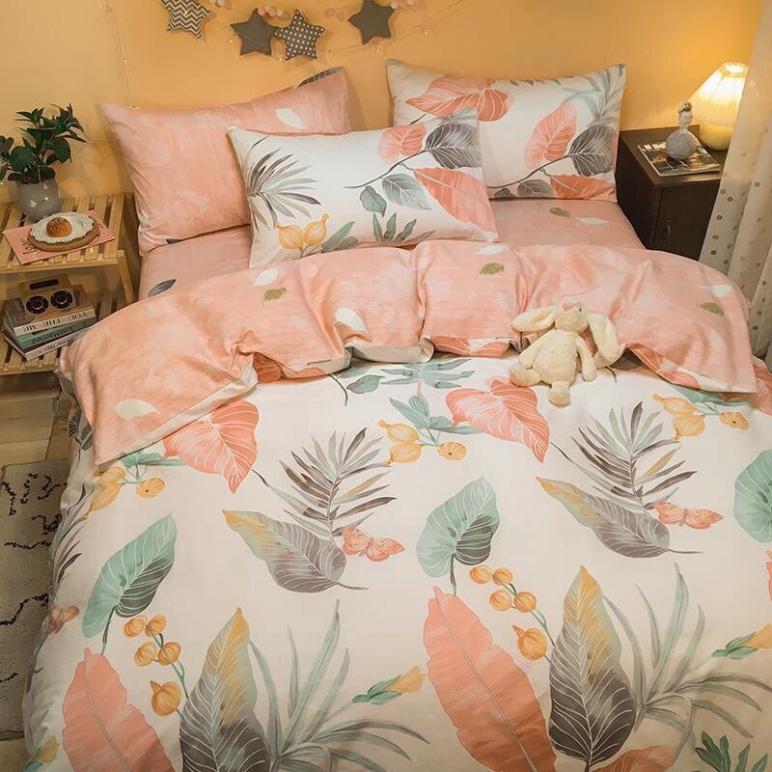Bộ chăn ga gối Cotton poly Miha Bedding Lá đỏ, vỏ chăn mền, drap nệm và 2 vỏ gối