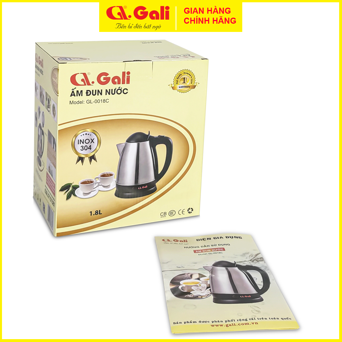 Bình Đun Siêu Tốc GALI GL-0018C GL-0025 GL-0012A GL-0050 GL-0017C GL-0018I GL-17X GL-18F GL-18K GL-18E dung tích từ 1,2 lít - 5 lít, Inox (SUS 304) , không bị phôi nhiễm, bảo hành chính hãng