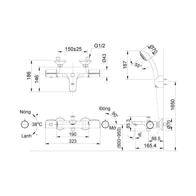 Trọn bộ Vòi sen tắm nhiệt độ BFV 3413T-4C/7C/8C ,Sen tắm Nóng lạnh, điều chỉnh nhiệt độ,