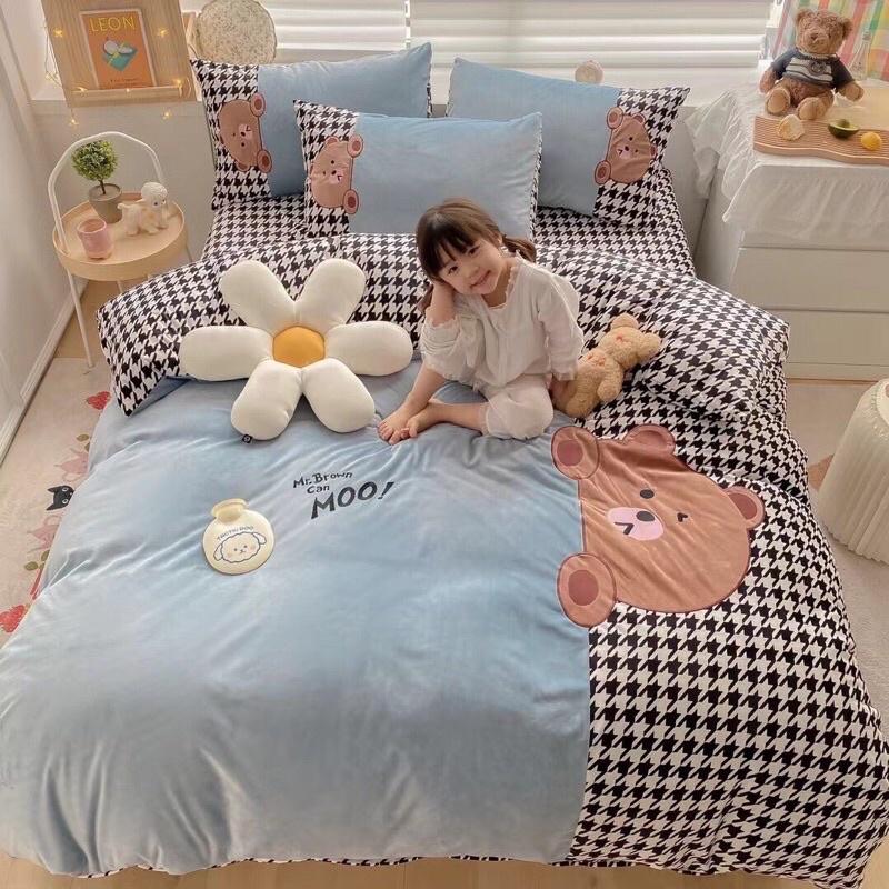 BỘ CHĂN GA GỐI NỈ SỮA GẤU TEDDY PHỐI KẺ DỄ THƯƠNG