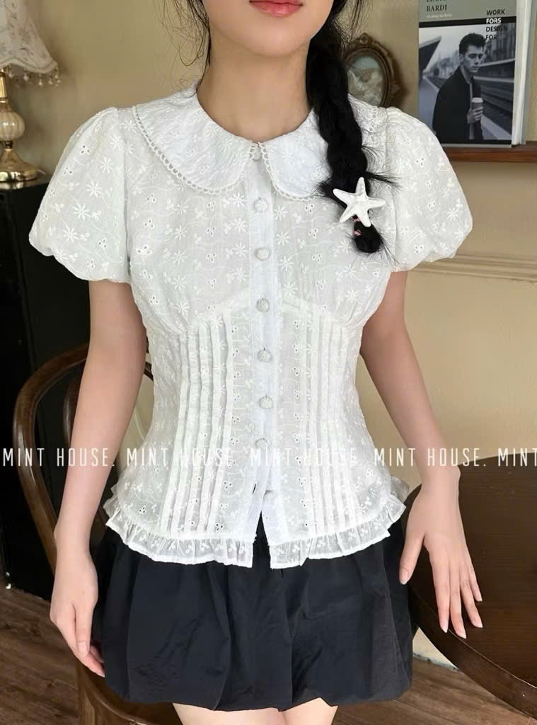 Áo sơ mi ren hoa cổ sen cao cấp-Áo sơ mi kiểu