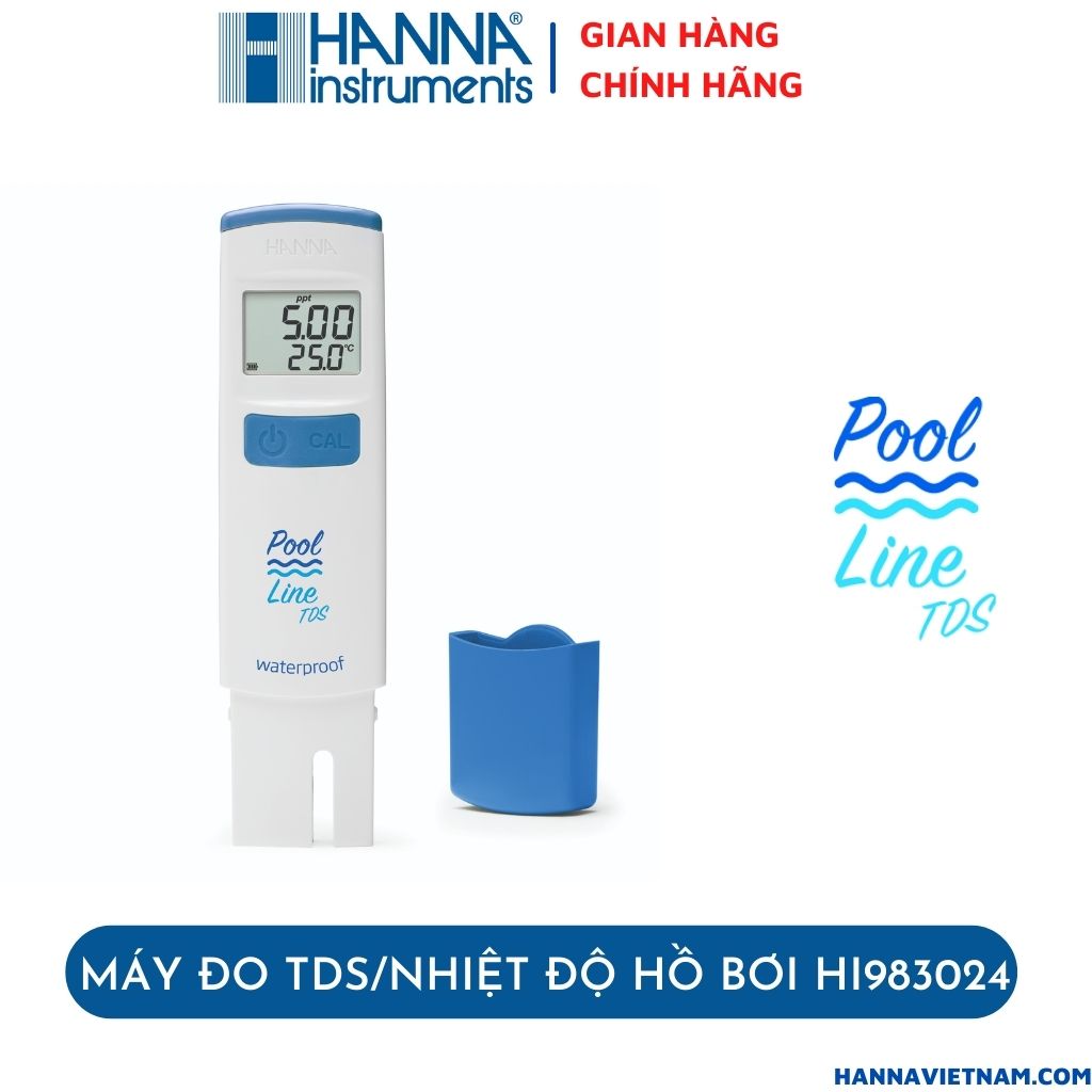 Bút Đo TDS/Nhiệt Độ Thang Cao Dòng PoolLine Chuyên Cho Nước Hồ Bơi - HANNA - HI983024 Tặng Kèm 4 Gói Dung Dịch Hiệu Chuẩn Máy , Bảo Hành Chính Hãng