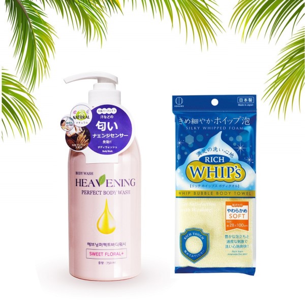Combo sữa tắm dưỡng ẩm, làm trắng da Heavening Perfect + Khăn tắm tạo bọt Whip's