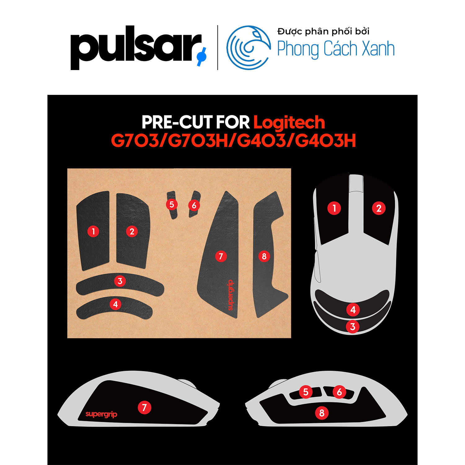 Miếng dán chống trượt Pulsar Supergrip - Grip Tape Precut dành cho Logitech G703 / G403 - Hàng Chính Hãng