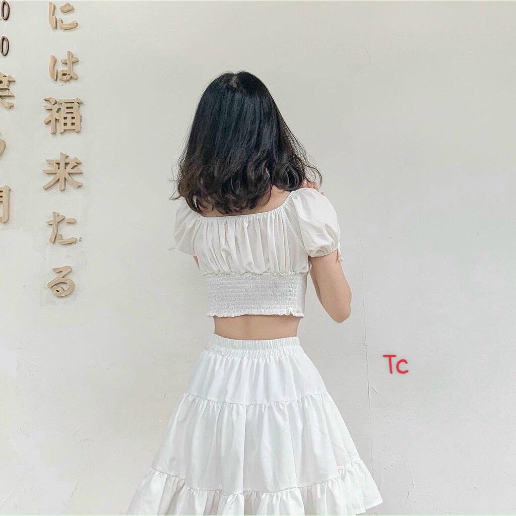 Bộ Áo Croptop Nữ Cổ Vuông Chân Váy Xòe Trắng