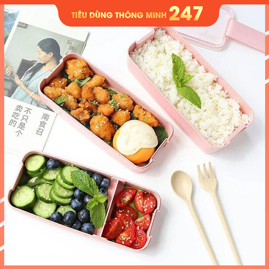 Hộp cơm 3 tầng 900ml LUNCH, hộp cơm giữ nhiệt lúa mạch - Màu Hồng