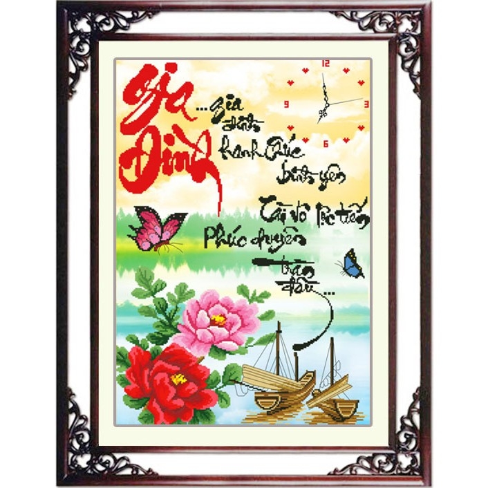 Tranh thêu chữ thập đồngg hồ Gia đình 49x66cm - chưa thêu