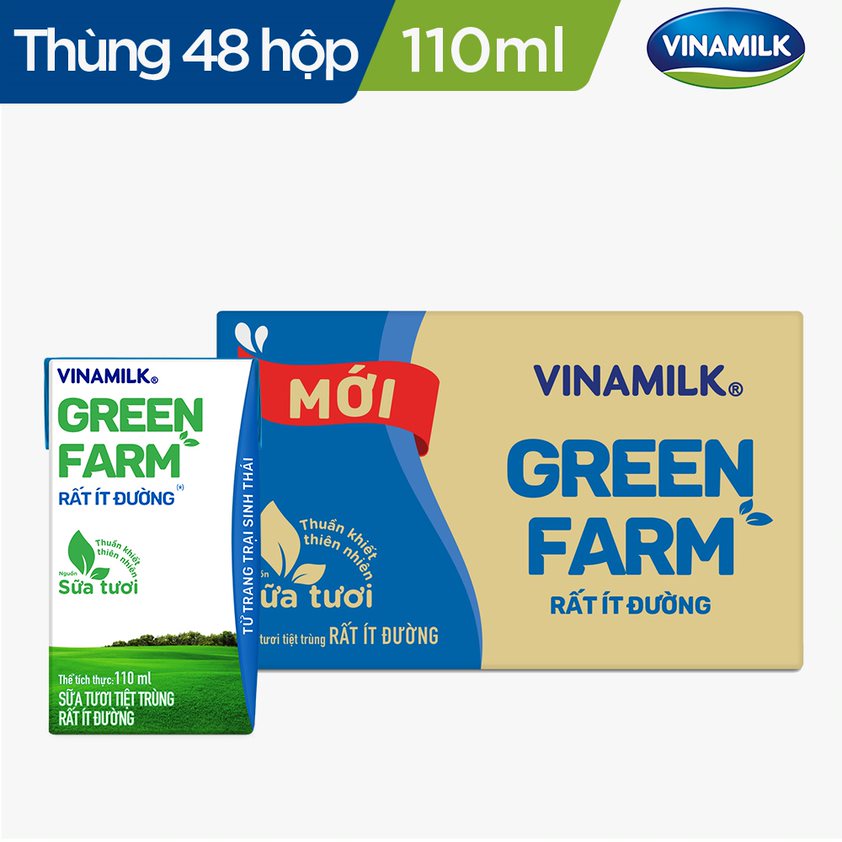 Thùng 48 Sữa Tươi Tiệt Trùng Vinamilk Green Farm - Sữa Tươi 100% Ít Đường 110ml