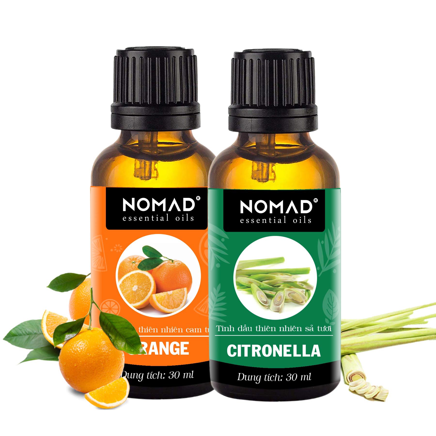 Combo 2 Tinh Dầu Nguyên Chất Nomad: Tinh Dầu Sả Tươi (30ml) + Tinh Dầu Vỏ Cam (30ml)