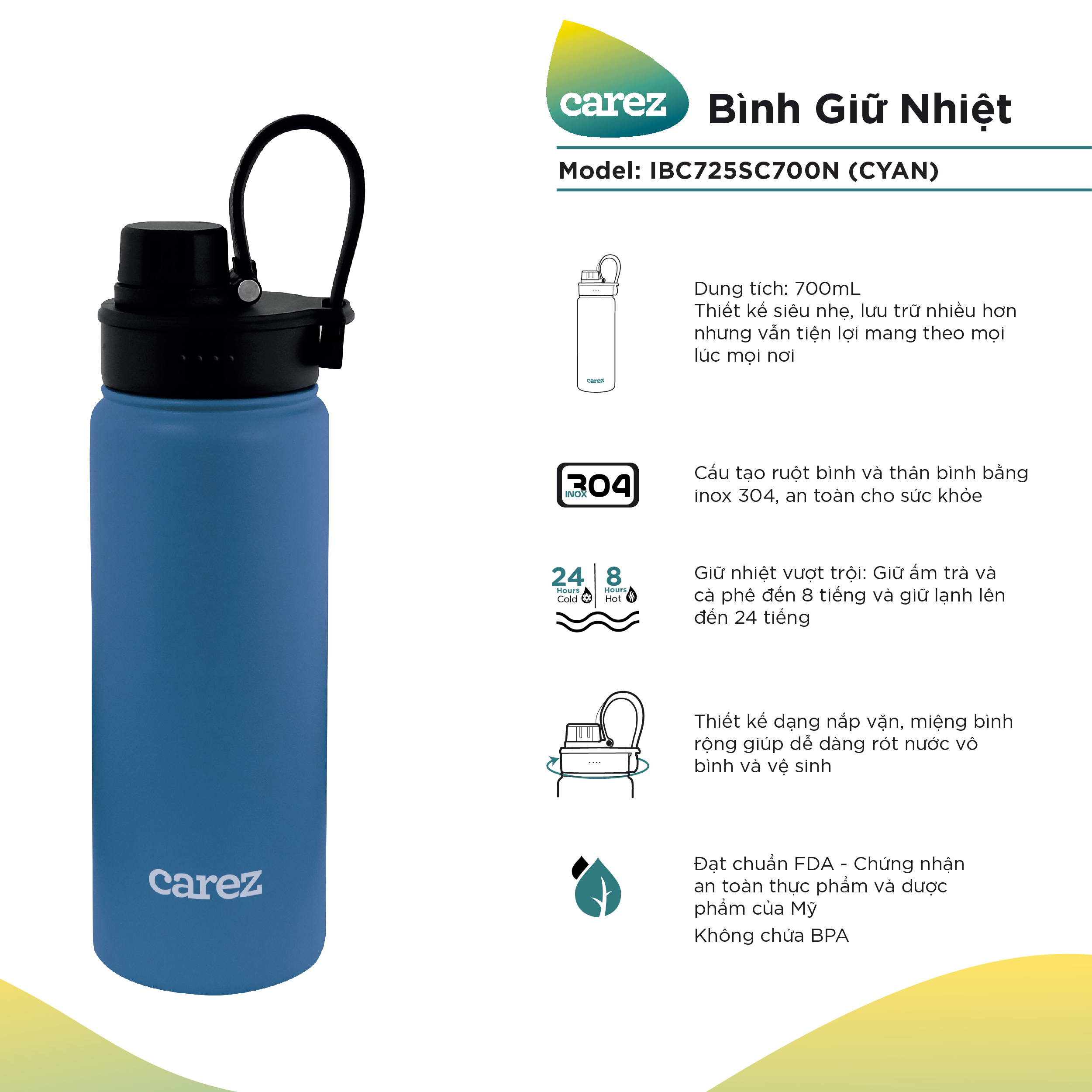 Bình Giữ Nhiệt Carez IBC725SC700N -  XANH CYAN -  700ml, Inox 304, Không chứa BPA - Giữ nóng đến 8 tiếng, giữ lạnh đến 24 tiếng - Hàng chính hãng