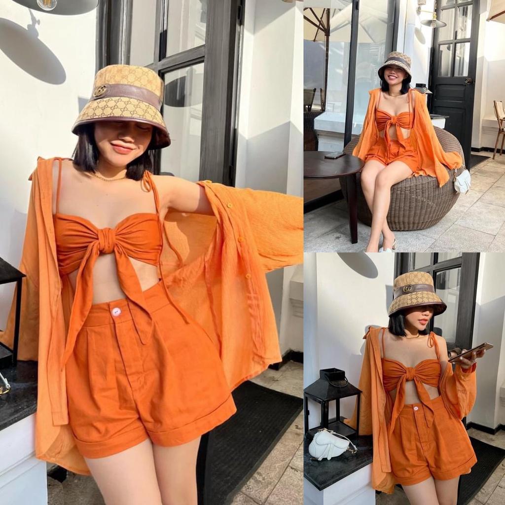 Set bộ 3 món croptop 2 dây, quần đùi from rộng kèm áo khoắc sơ mi, thích hợp cho nàng dạo phố, đi biển