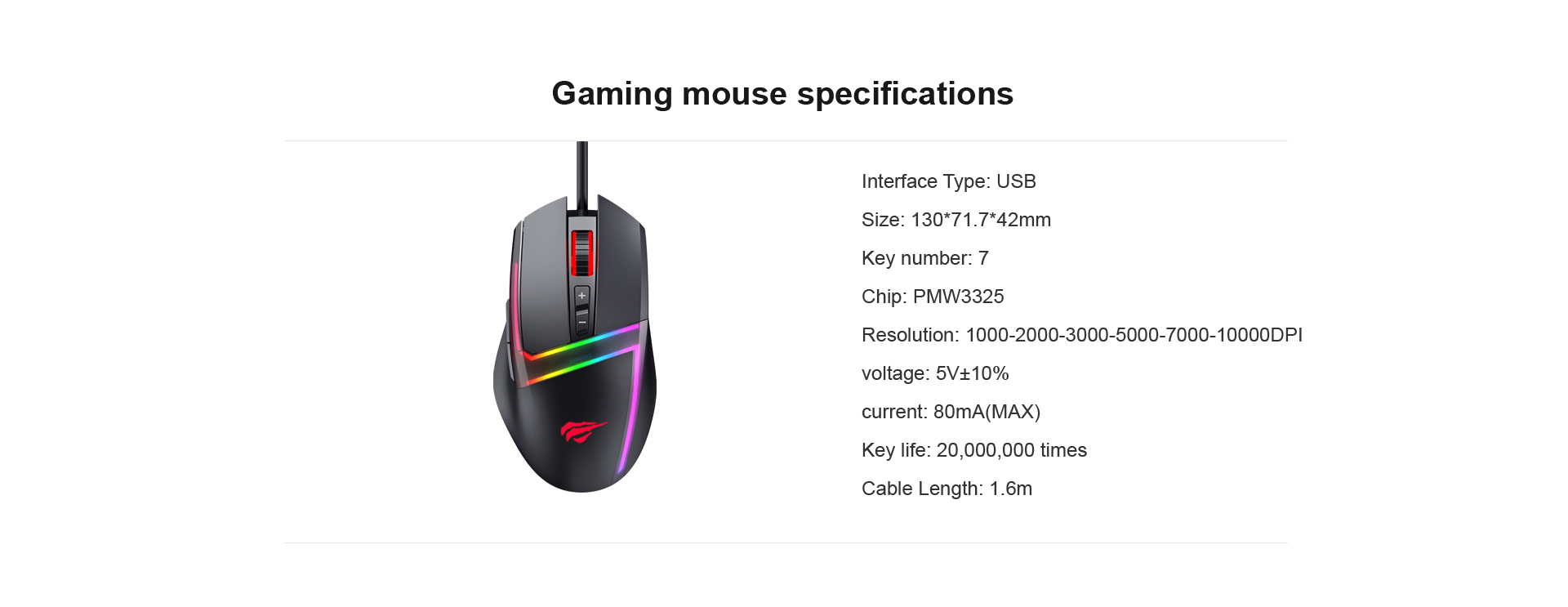 Chuột Gaming Có Dây Havit MS953/ 7 Chế Độ/ 700DPI/ Led RGB/ 20 Triệu Lần Nhấp Chuột - Hàng Chính Hãng