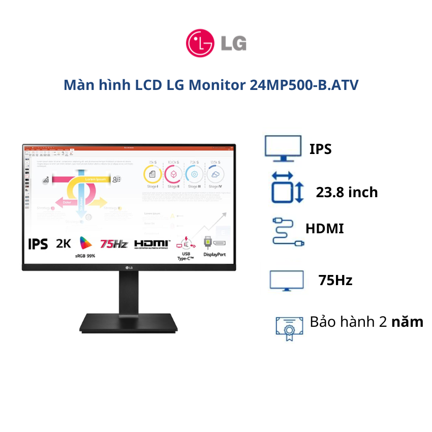 Màn hình LCD LG 23.8 inch Monitor 24MP500-B.ATV (WFHD| IPS| 75Hz| HDMI)- BH chính hãng 24 tháng/ Hàng chính hãng