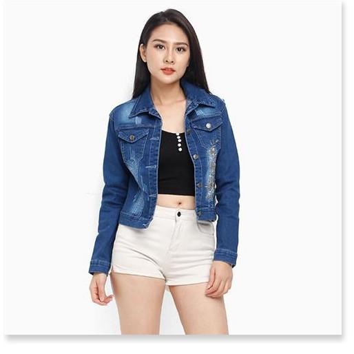 Áo Khoác Jean Thời Trang Cổ Bẻ Thêu Trước Xanh J008