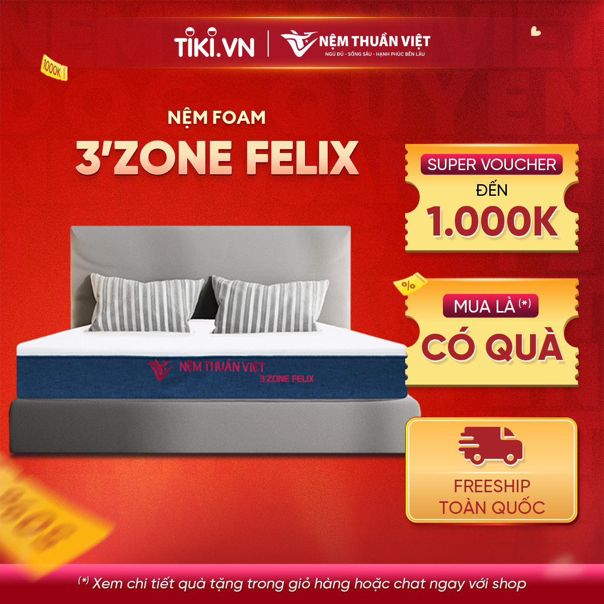 Nệm Foam Phân Vùng Thuần Việt 3'zone Felix - Miễn Phí Vận Chuyển, Bảo Hành 12 Năm, Trả Góp 0%