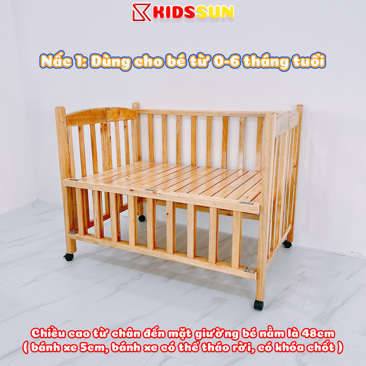 Cũi Gỗ Quế KIDSSUN Cho Tre Em Chất Liệu Gỗ Quế Màu Tự Nhiên Kích Thước 110x70x96cm Tặng Kèm Bánh Xe