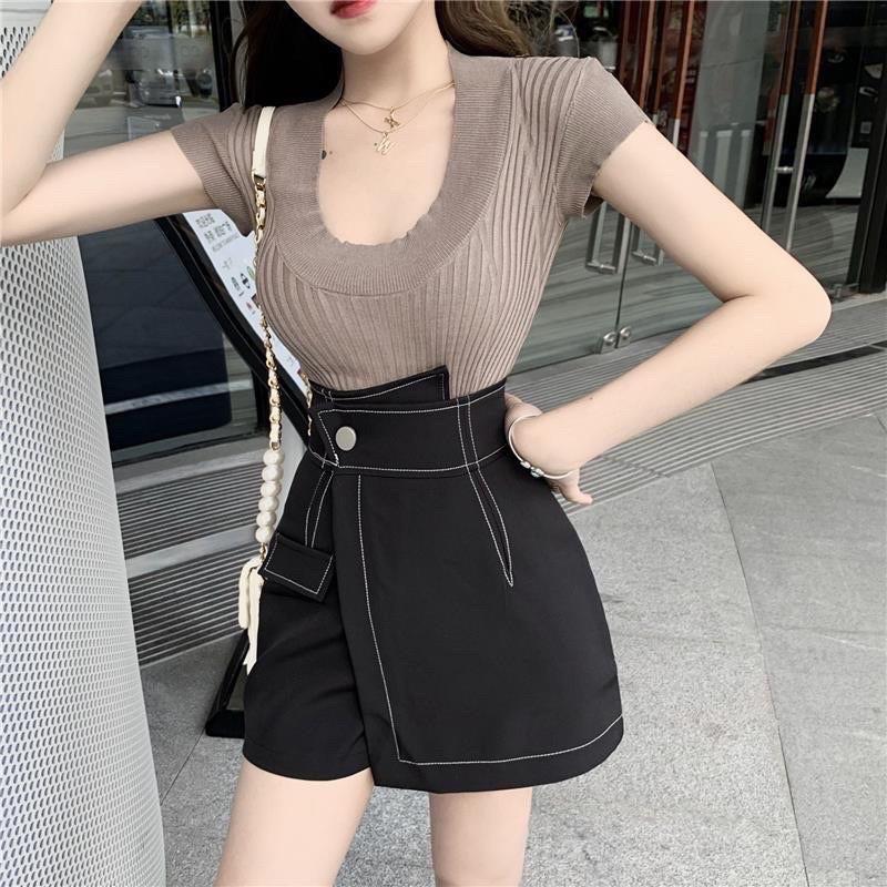 Quần Short nữ cạp cao chỉ viền nổi đen trắng mặc xinh năng đoong tôn dáng hottrend năm nay thời trang 639