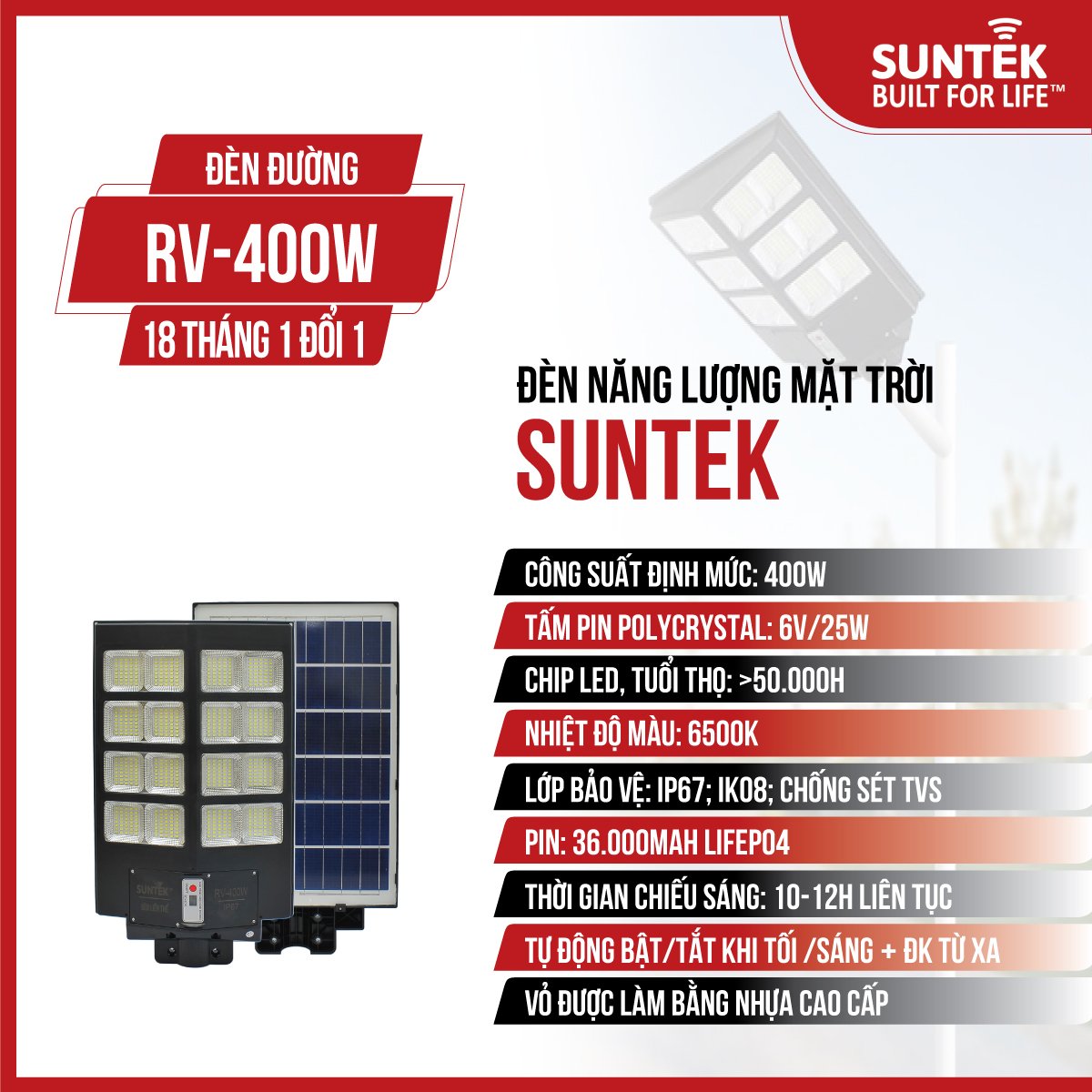 Đèn Đường Liền Thể Năng Lượng Mặt Trời SUNTEK RV-400W - Sáng cả đêm 10-12 giờ | Tự động Bật/Tắt | Điều khiển Từ Xa | Chống Nước/Bụi/Sét | Tuổi thọ bóng LED 50.000 giờ - Hàng Chính Hãng - Bảo hành 18 tháng 1 đổi 1