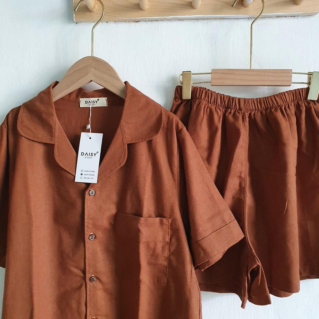 Pyjama đùi linen nâu trơn