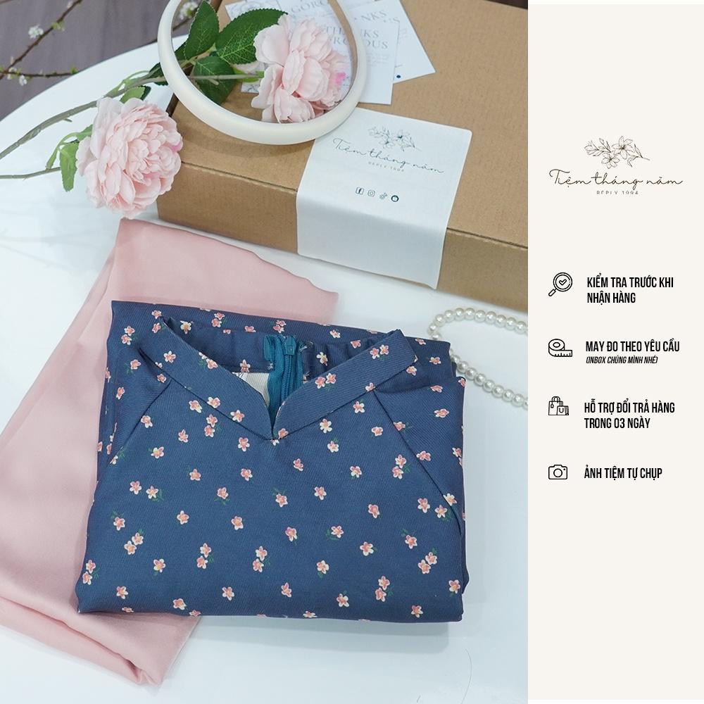 Áo dài "Hoa thơm cỏ lạ" - màu Xanh jeans