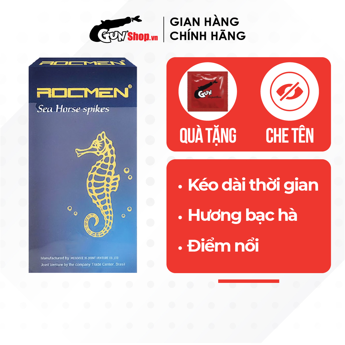 Bao cao su Rocmen Sea Horse Spikes kéo dài thời gian - Hộp 10 cái | GUNSHOP VIỆT NAM