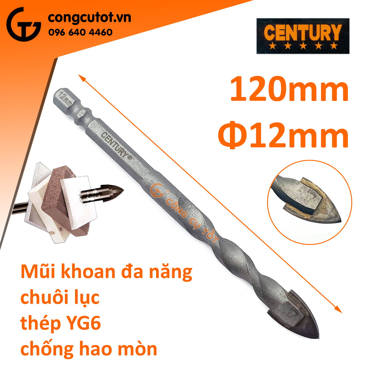 Mũi khoan đa năng chuôi lục Century thép YG6 chống hao mòn 12mm