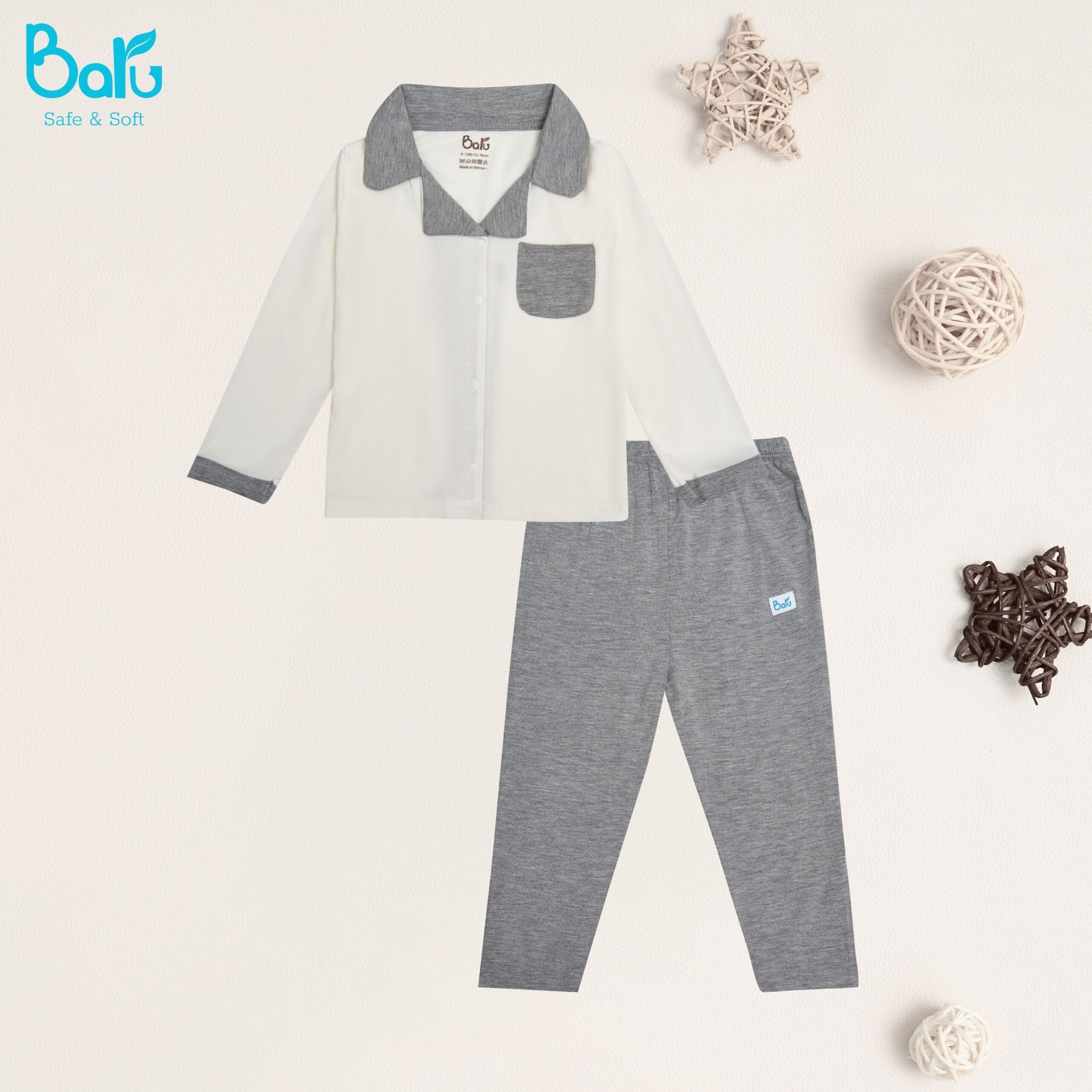 Bộ pizama tay dài  BARU cài giữa đủ màu vải 100% cotton thời trang trẻ em ( 6M -4Y )