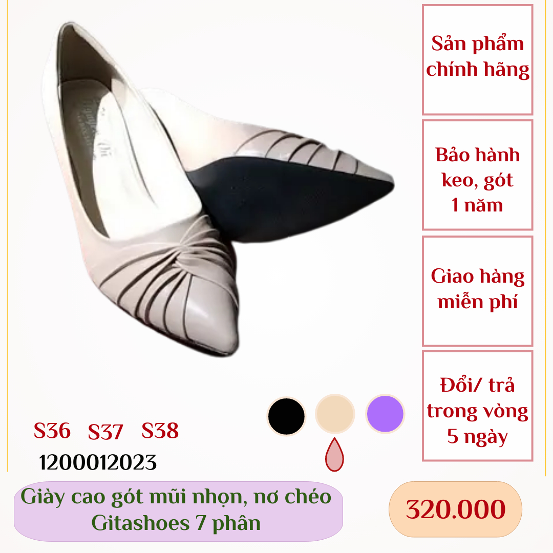 Giày cao gót mũi nhọn, nơ chéo Gitashoes 7 phân- 1200012023