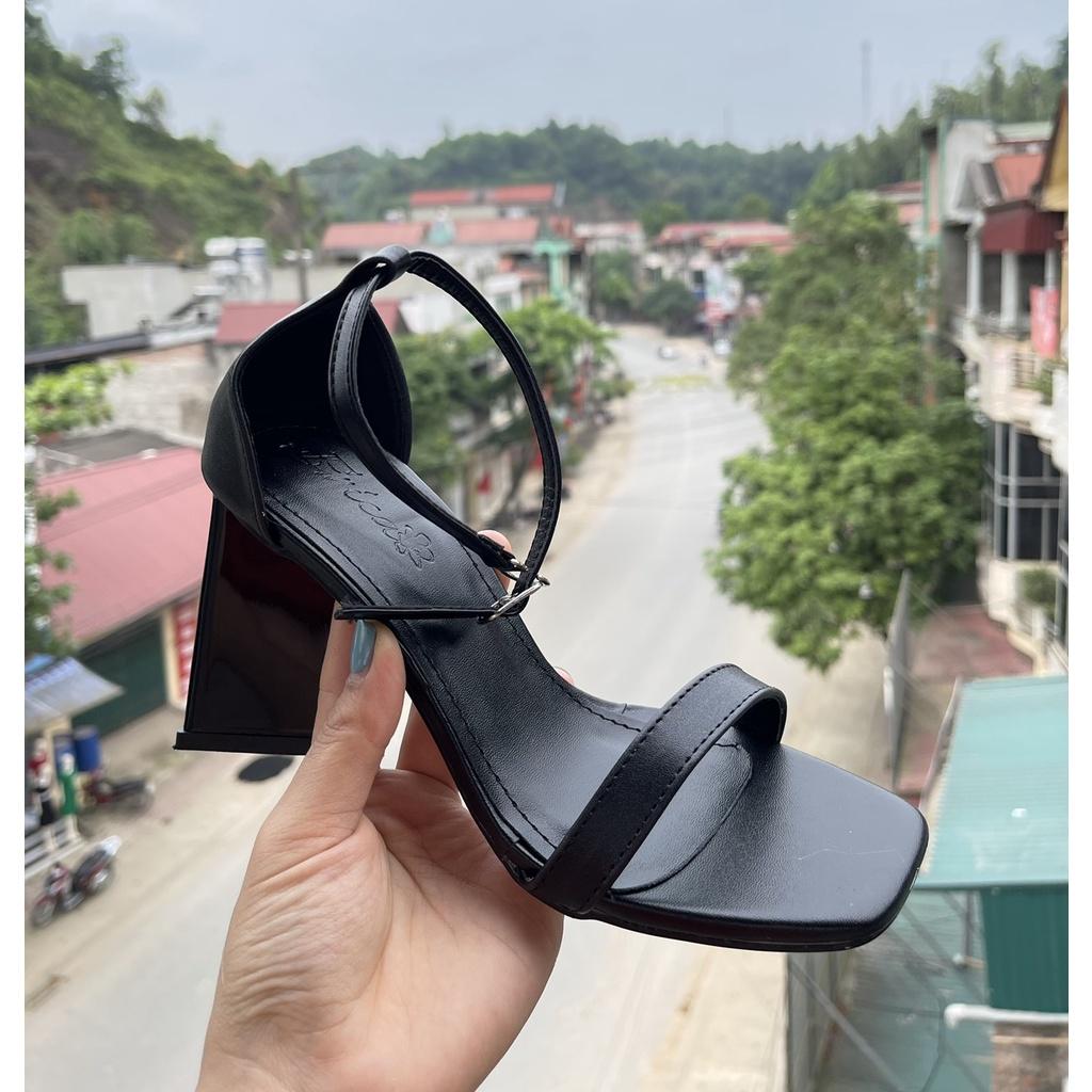 Sandal quai ngang da mịn trơn bít gót gót trụ tam giác to - 9P